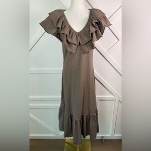 S’Edge Ruffle V-Neck Cotton Midi Dress Brown Taupe Soft Knit Tiered Hem Size M